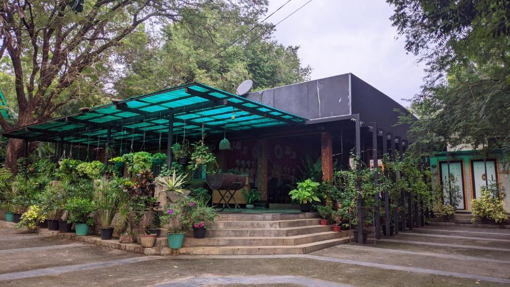 明内里耶Haritha Holidays的一座拥有楼梯和盆栽植物的建筑