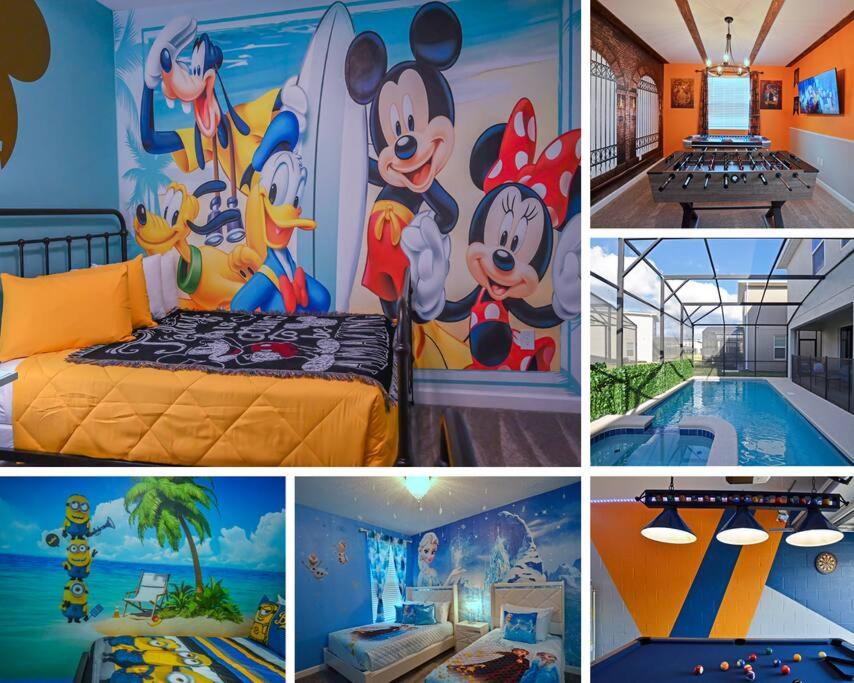 基西米Amazing 6BR Villa @ Storey Lake Resort Near Disney的一张带游泳池的卧室的照片拼贴