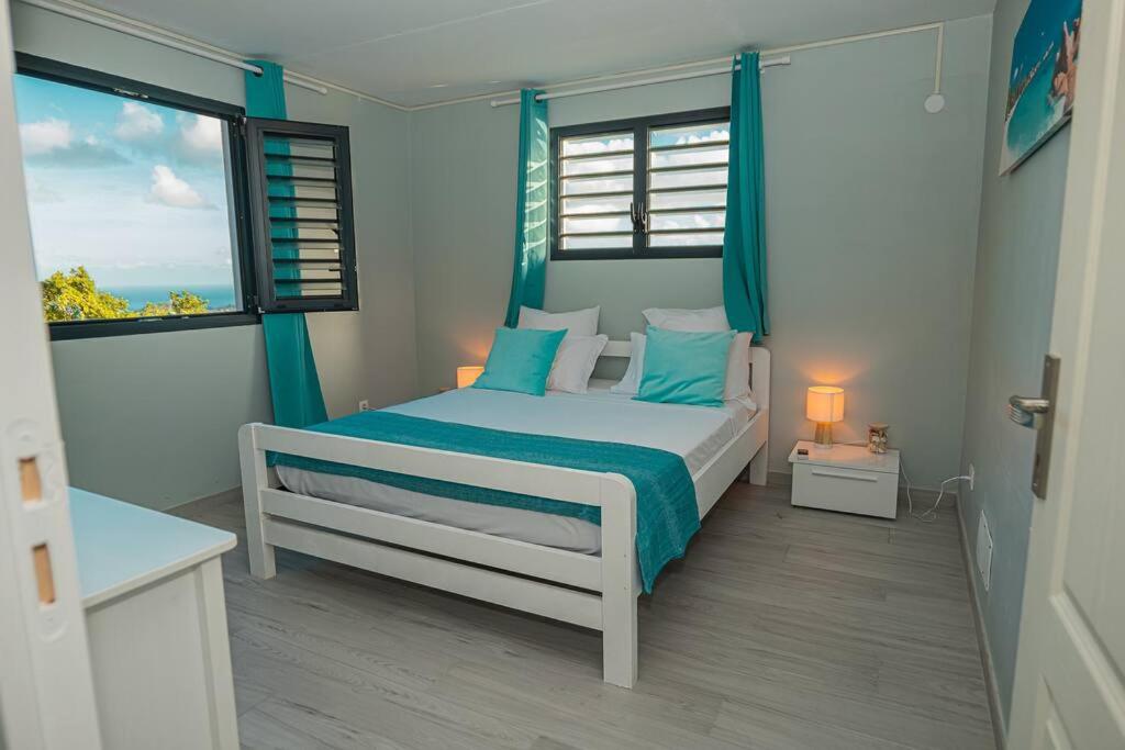 Rivière-PiloteVT cottage的一间卧室配有一张带蓝色枕头的床和一扇窗户。