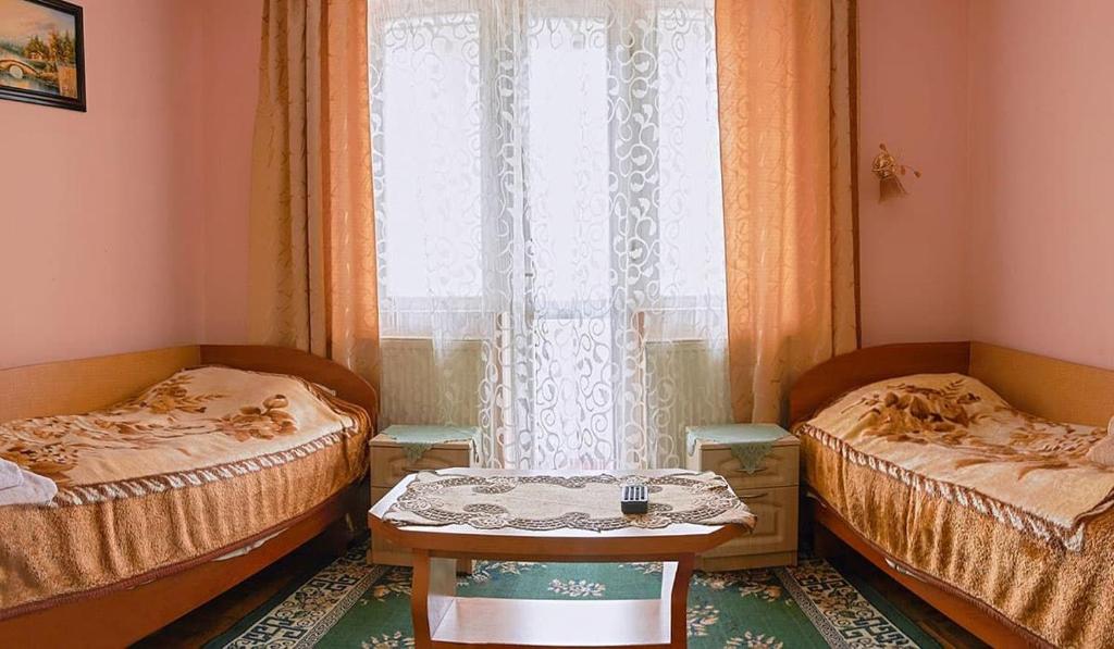 特鲁斯卡韦茨Villa Yaryna的小房间设有两张床和窗户