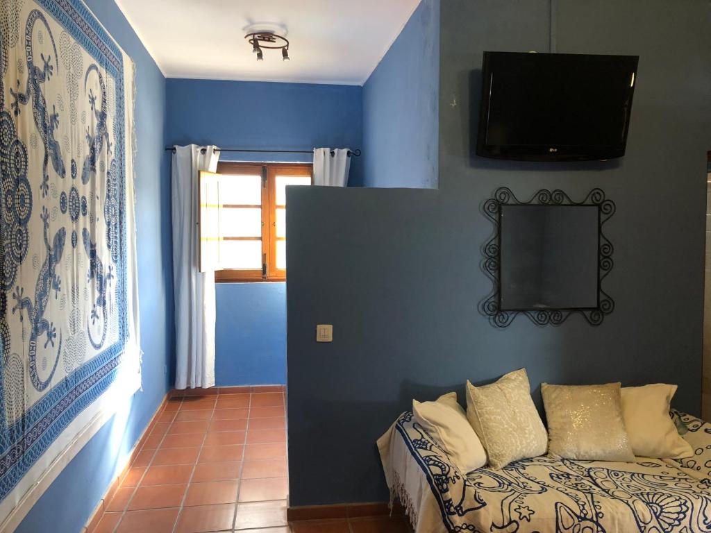 蒂亚斯Casona La Orilla 1908 Tías的蓝色的房间配有沙发和墙上的电视