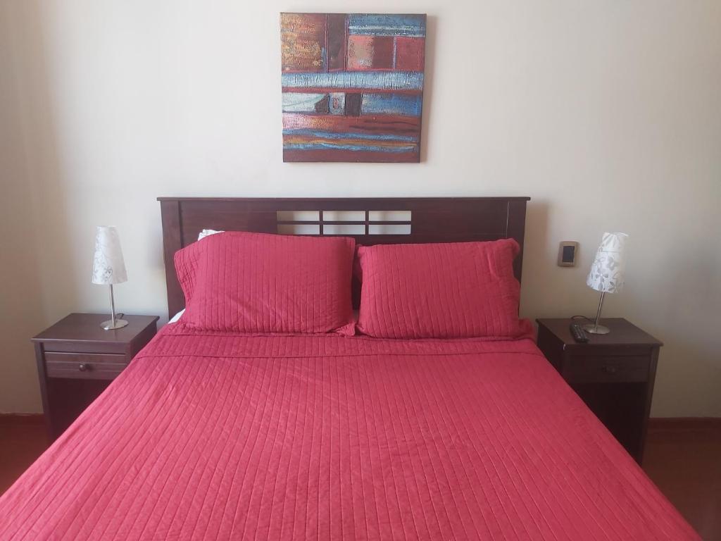 圣地亚哥Apart San Francisco的一张带红色床罩和2个床头柜的床