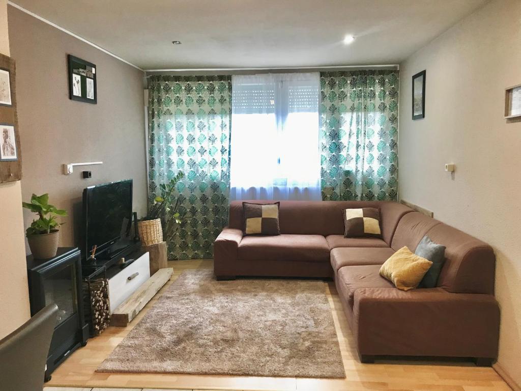 MályiTóparti Kuckó的客厅配有棕色沙发和电视