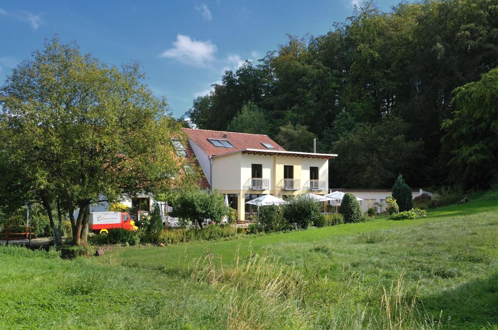 马尔斯贝格Landgasthof Mücke的绿色田野上红色屋顶的白色房子