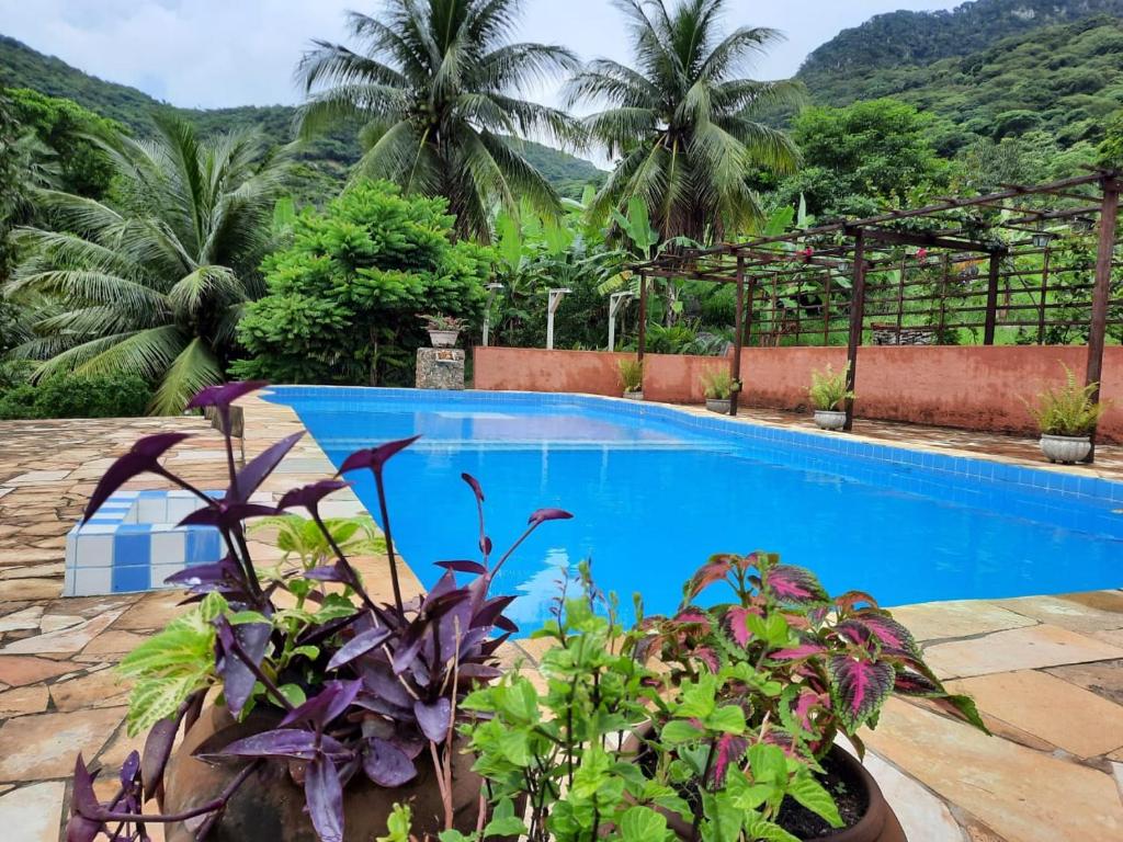 MaranguapeSítio Vale da Serra的蓝色的游泳池,以植物和山脉为背景