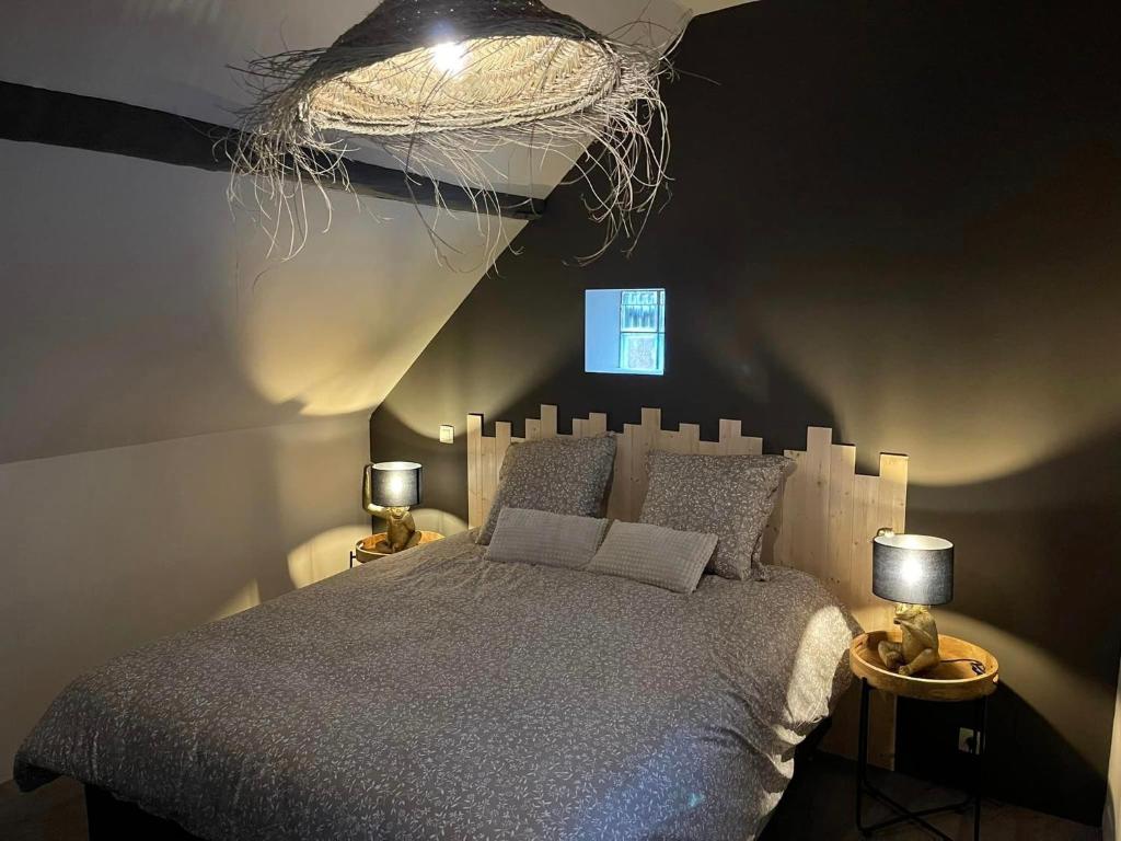 VlezenbeekSweet Dreams by Pegase的一间卧室配有一张床和一个吊灯