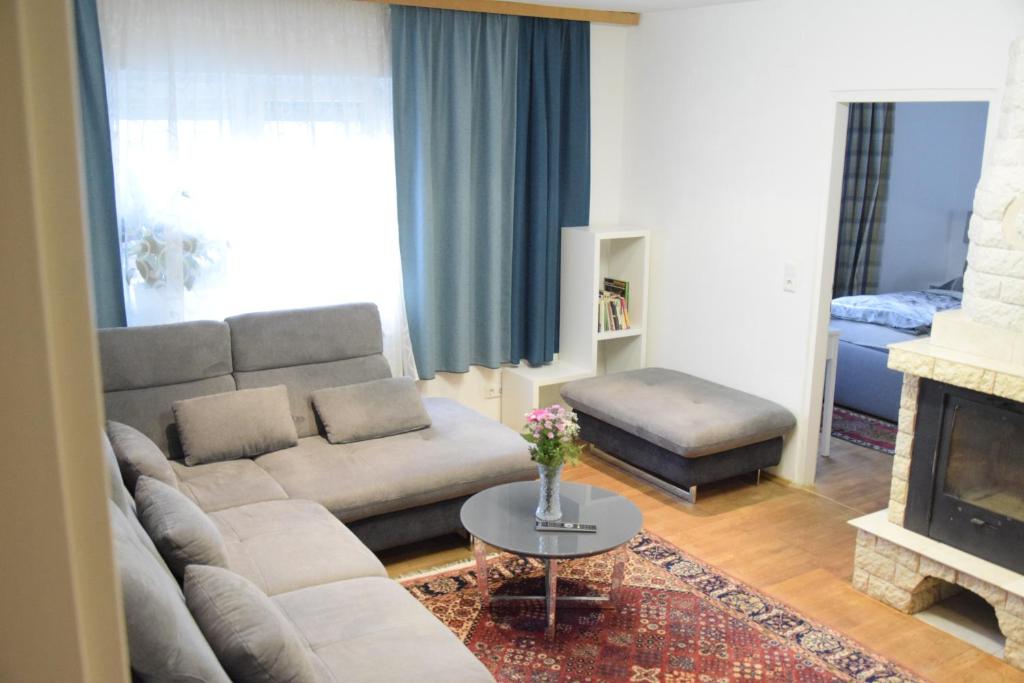 贡特拉姆斯多夫100qm comfort, family-friendly and top located的带沙发和壁炉的客厅