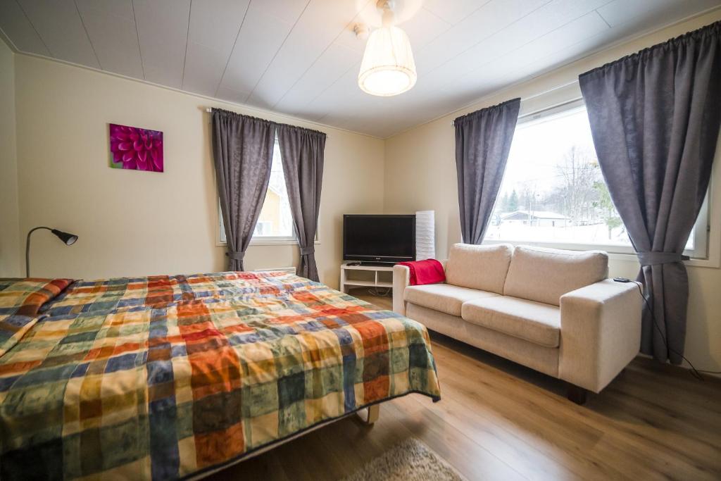 罗瓦涅米坎皮度假屋阿克努斯酒店的一间卧室配有一张床、一张沙发和一台电视。