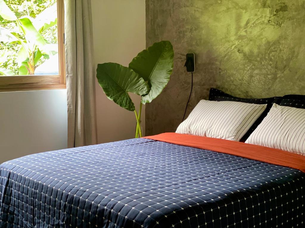 博卡斯德尔托罗Casa Salvaje Vacation Rentals的一间卧室配有一张带蓝色和橙色毯子的床