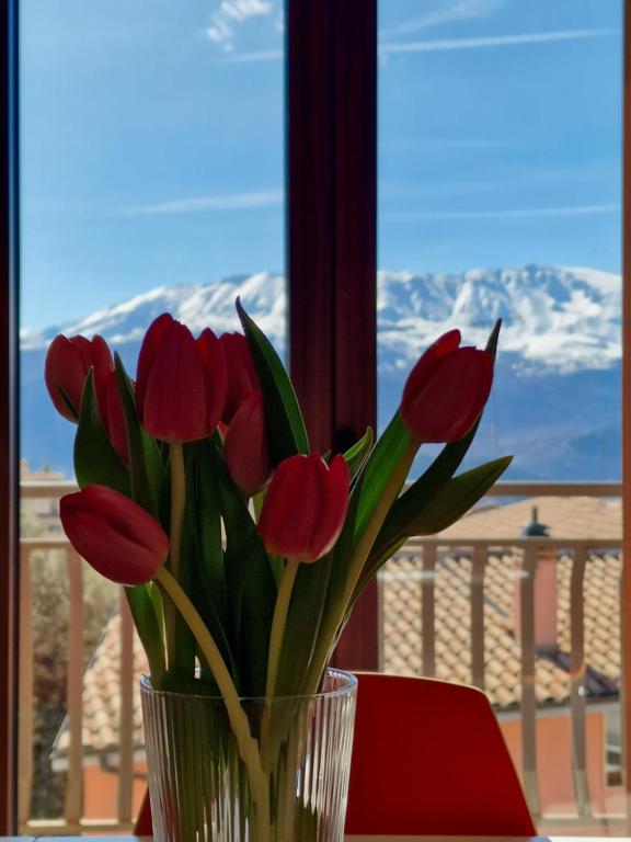 Poggio PicenzeTraMonti Apartments的窗户前装满红色郁金香的花瓶