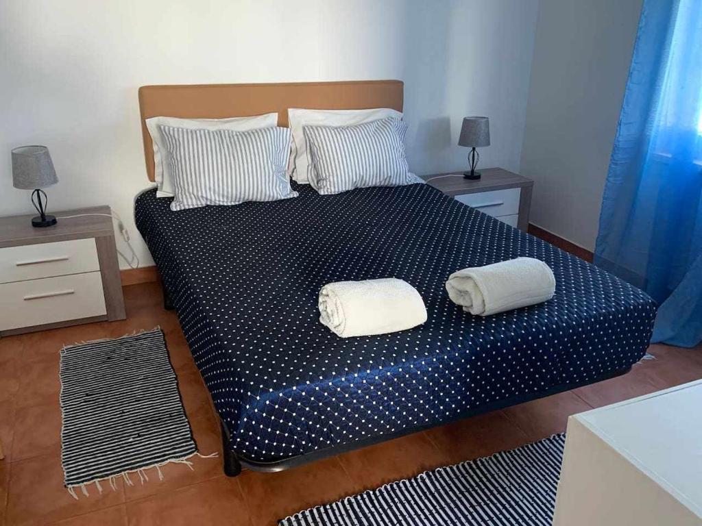 Aldeia de BrescosCasinha em frente à Lagoa的一间卧室配有一张带两个枕头的床