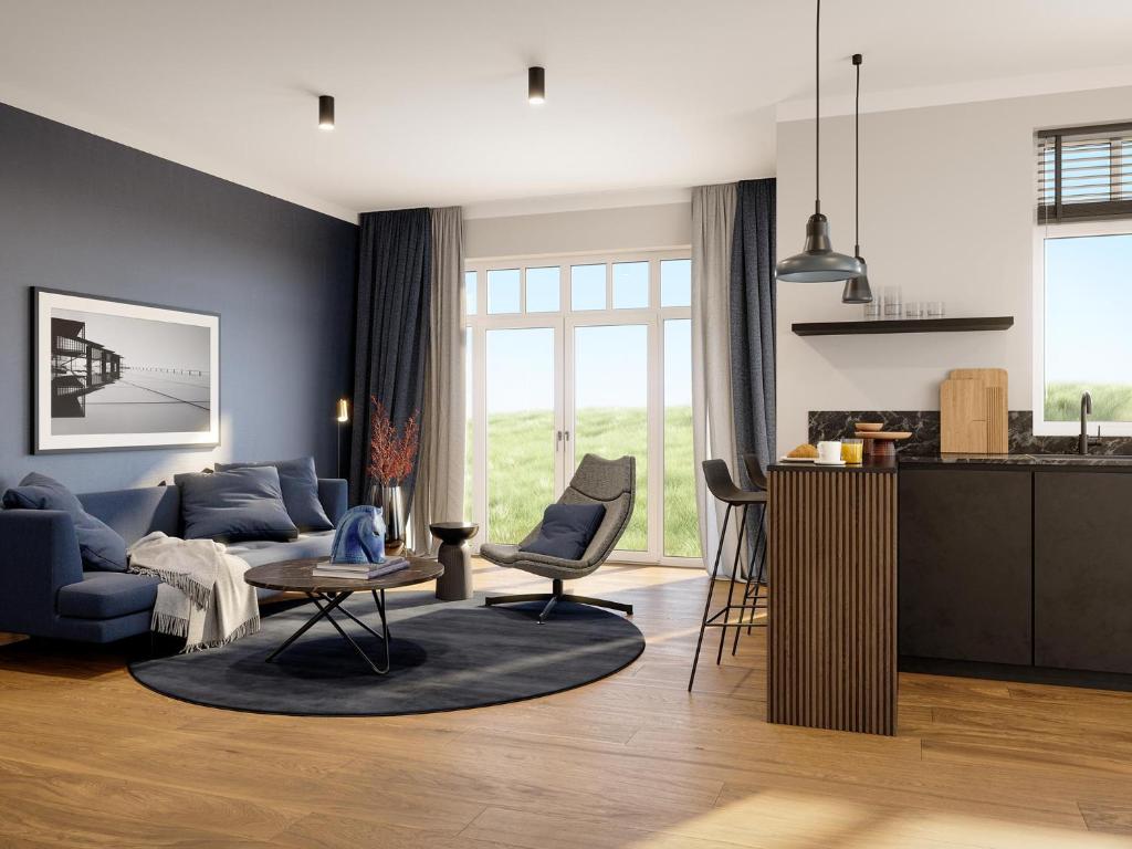 韦斯特兰DAS LORNSEN - Serviced Luxury Apartments的客厅配有沙发和桌子