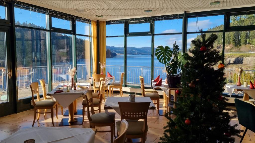 施卢赫湖胡伯图斯酒店的一间窗户客房内的餐厅,里面种有圣诞树