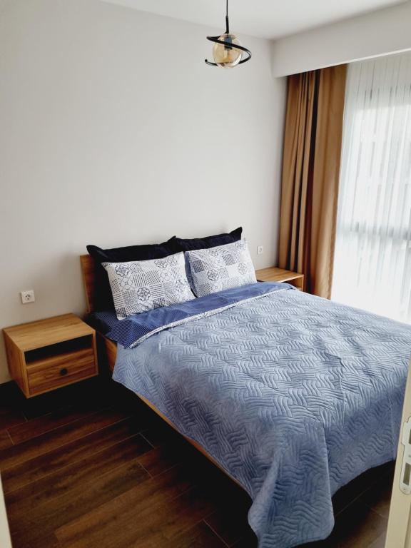 伊斯坦布尔Otto Residences City Center 216的一间卧室设有蓝色的床和窗户。