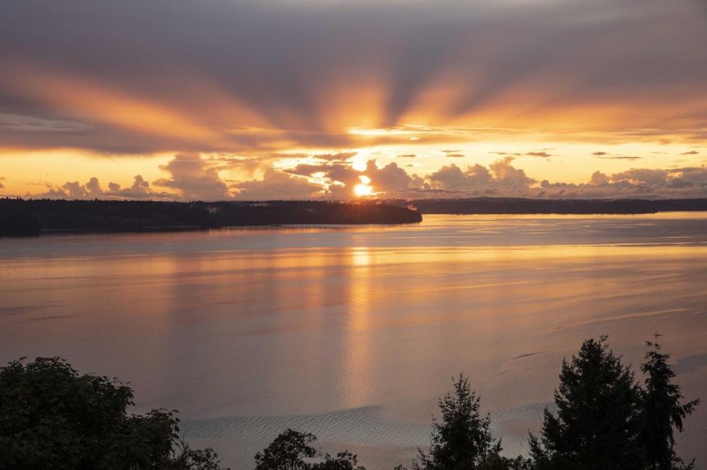 Fox Island180º Puget Sound View的日落在一大片水面上