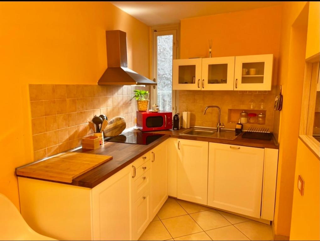 卢卡Piazza Napoleone Sweet apartment的厨房设有黄色的墙壁、白色的橱柜和水槽