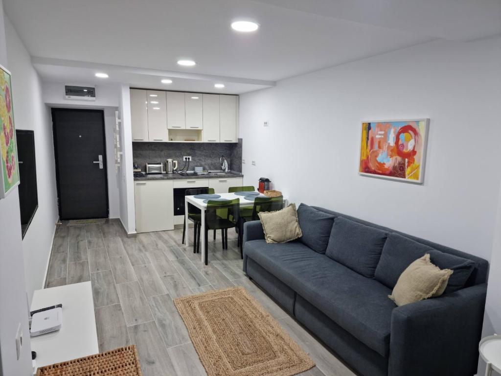 奥林普Sea View Apartments Olimp- The sunny apartment的一间带蓝色沙发的客厅和一间厨房