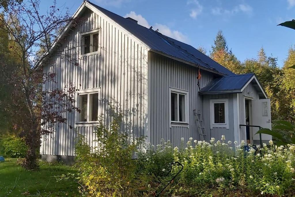 KontiolahtiVilla Mäntysaari luonnonrauhaa kaupungin lähellä.的一座带太阳能屋顶的灰色房子