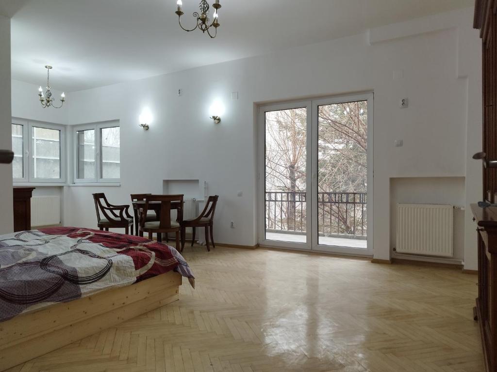 布加勒斯特Central appartment - heart of Bucharest - sector 1 - new renovated - open space的卧室配有一张床和一张桌子及椅子