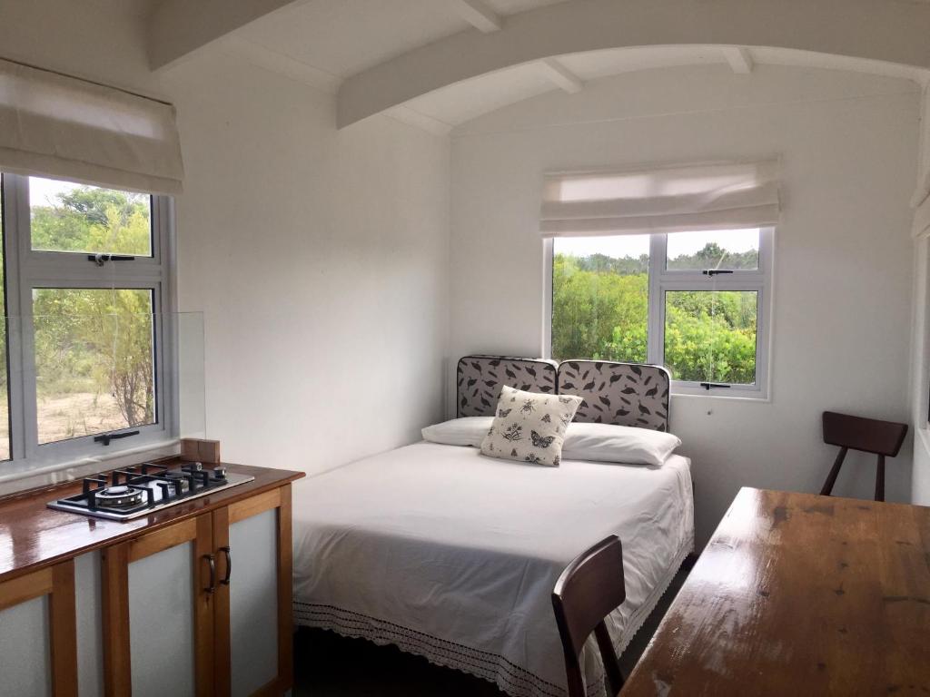 普利登堡湾Fynbos Tiny Home - Off Grid, Surrounded by Nature的一间卧室配有一张床、一张书桌和两个窗户。