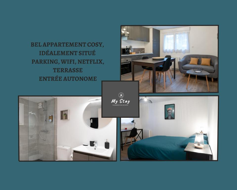 圣布里厄Bel appartement idéalement placé Saint-Brieuc, wifi, parking gratuit的卧室照片的拼合