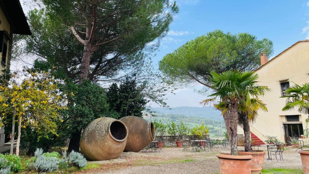 基安蒂格雷夫Corte Di Valle的花园,有两块大水泥锅和一棵树