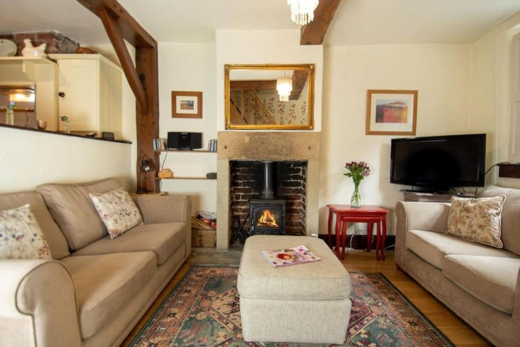 巴斯洛Characterful 2 bed cottage in excellent location的带沙发和壁炉的客厅