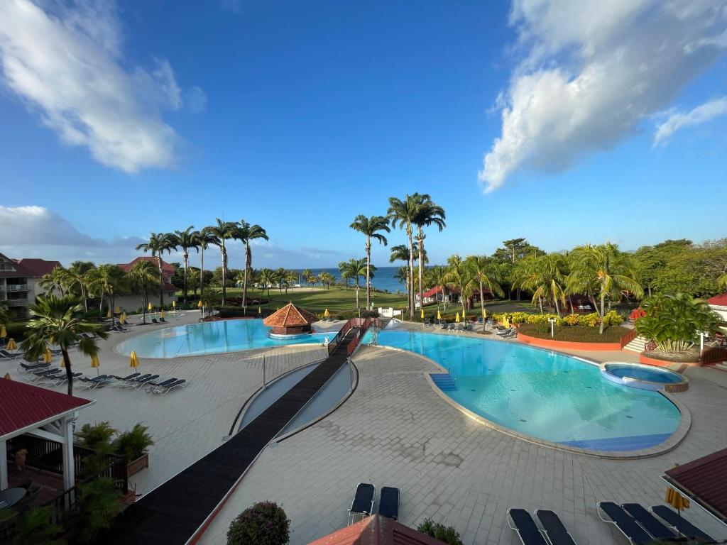 圣吕斯Appartement Madinina 6 personnes vue sur mer dans village vacances的棕榈树度假村的游泳池景