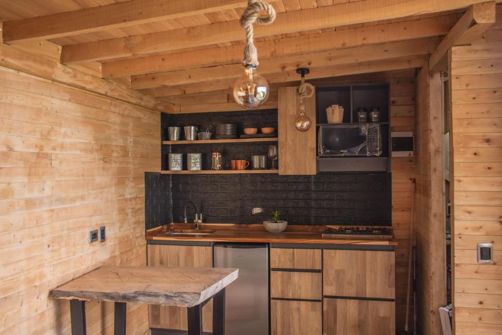麦德林Giüg Refugio的厨房设有木墙和带水槽的台面。