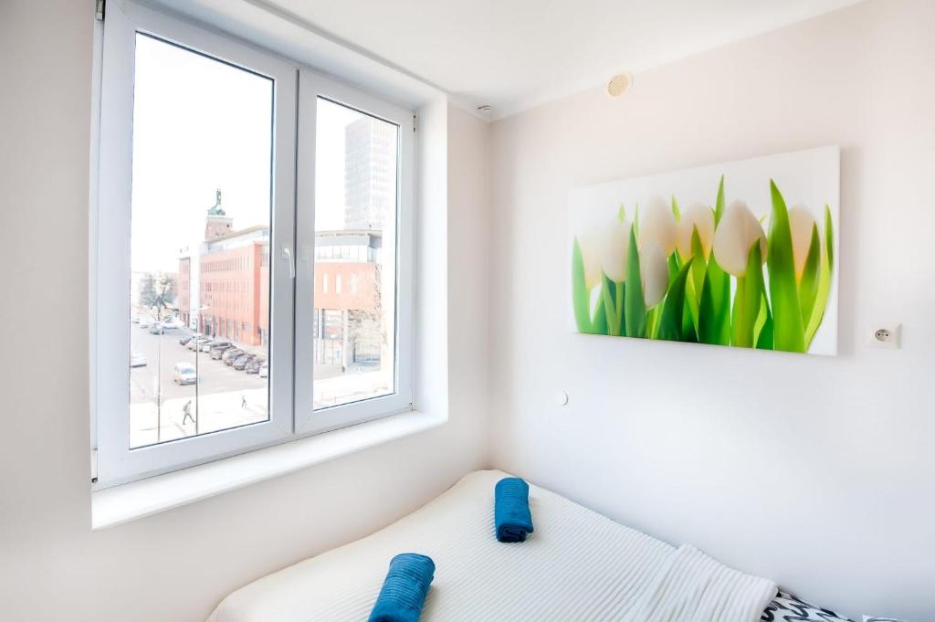 格但斯克Ul RAJSKA 1E 5 APARTAMENTY ZRESETUJ SIĘ W GDAŃSKU的白色的客房设有窗户和沙发
