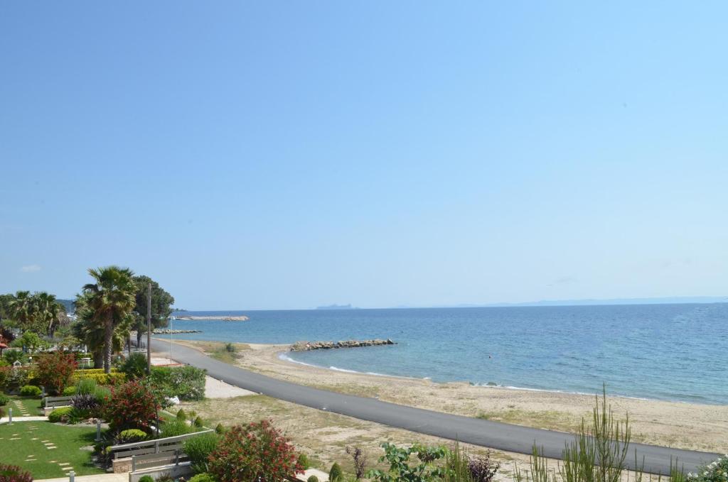 尼基季Lemon Beach Front Apartment, Nikiti的沿着海滩的道路,以大海为背景