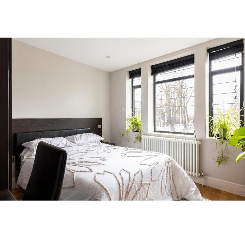 伦敦Bitcoin superior king room的一间卧室设有一张床和两个窗户。