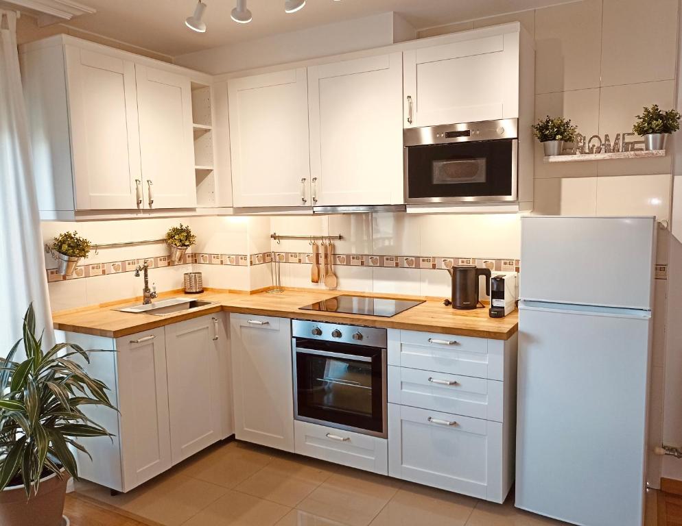 波伊奥Apartamento Little Xoan的厨房配有白色橱柜和白色冰箱。