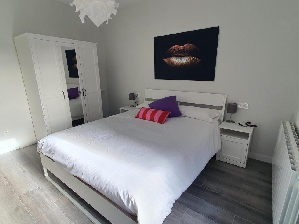 萨拉曼卡Casa albalunasss的卧室配有白色床和红色及紫色枕头