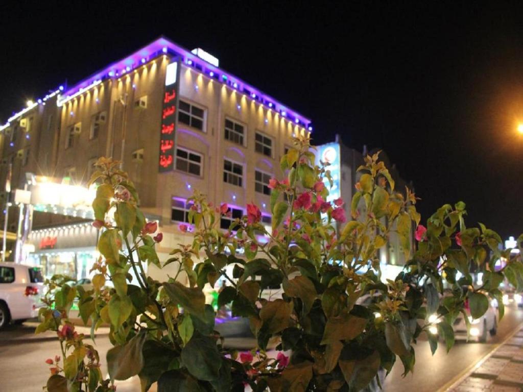 吉赞نزل السلطان للأجنجة الفندقية的上面有紫色灯的建筑