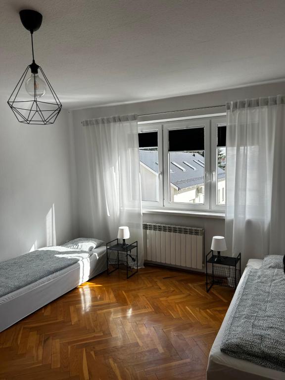 新托梅希尔Hostel Centrum NT的一间卧室设有两张床和大窗户