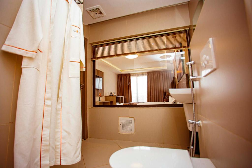 阿比让Hôtel les Vallons的一间带卫生间、水槽和镜子的浴室
