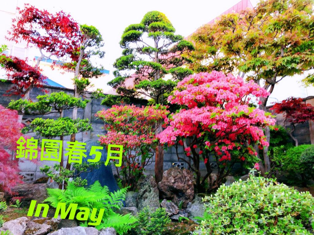 小樽小樽锦園的可能在种有粉红色树木的花园中读到的标志