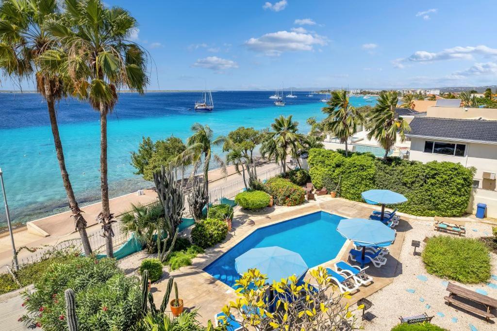 克拉伦代克博内尔岛海滨公寓的享有度假胜地的空中景致,设有游泳池和海洋