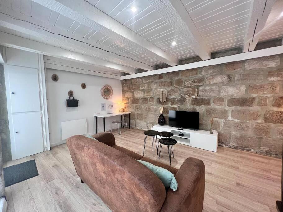 布里夫拉盖亚尔德Casa Bondy - Sublime T2 Refait à Neuf - Hyper Centre de Brive的带沙发和石墙的客厅