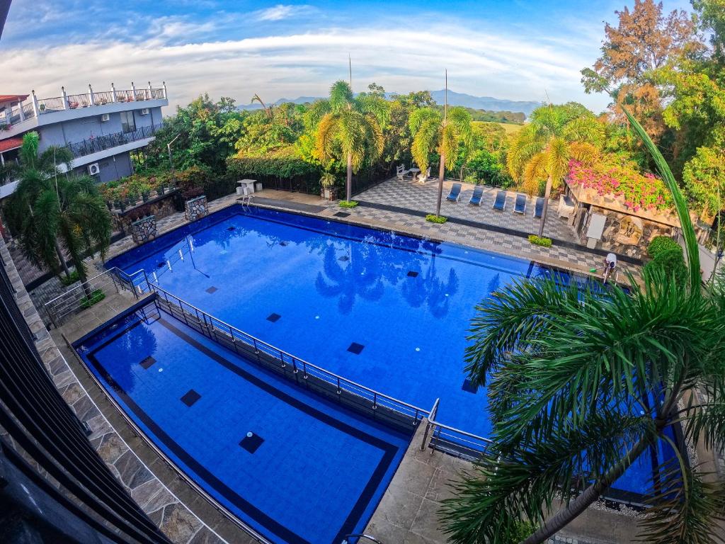 达瓦拉维桑陶里亚维尔德酒店的享有大型蓝色游泳池的顶部景致