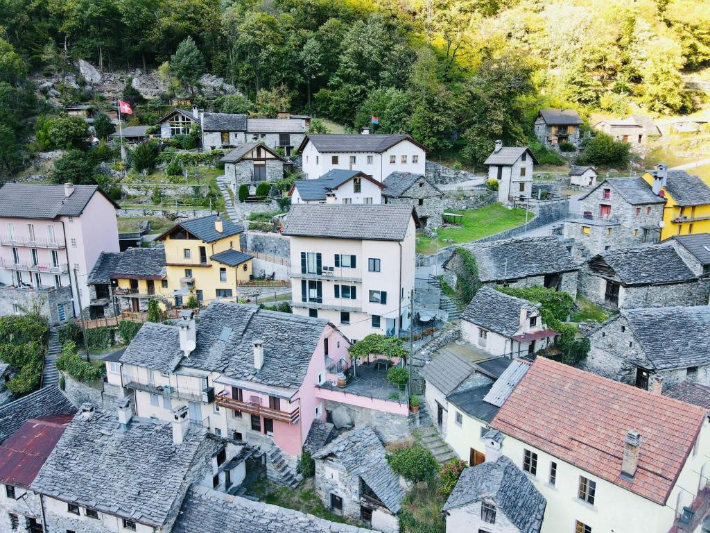 CavergnoCasa in Selva的享有村庄的空中景致,设有房屋