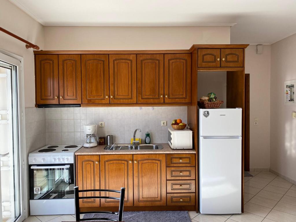 卡尔派尼西翁Αρτέμιδα Karpenisi Apartment的厨房配有木制橱柜和白色冰箱。