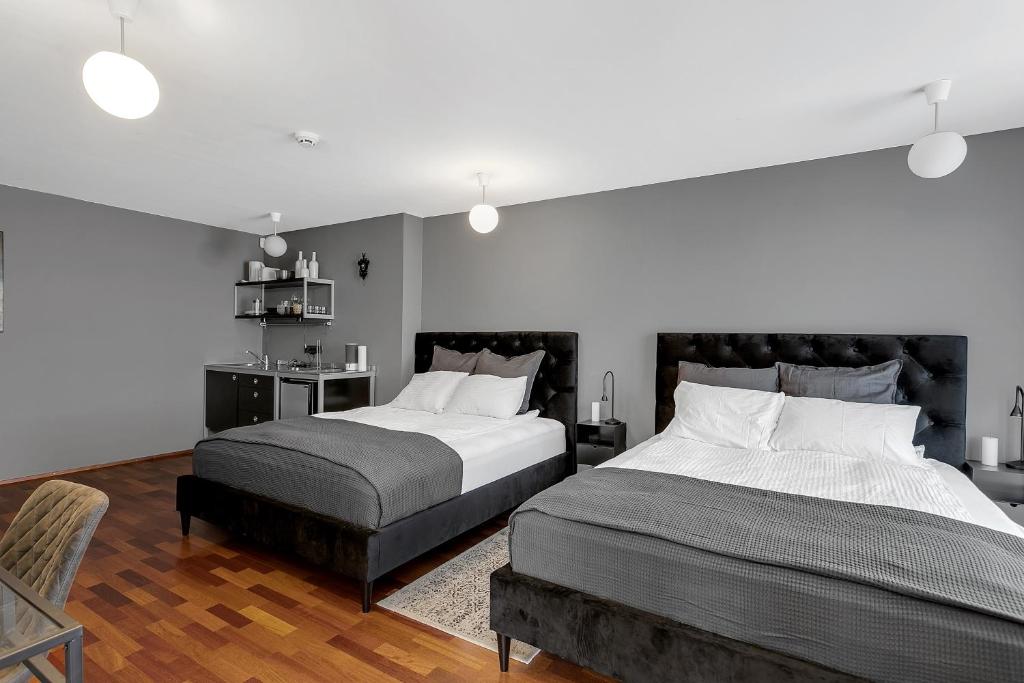 雷克雅未克Studio Apartment with Ocean View的一间卧室配有两张床和椅子