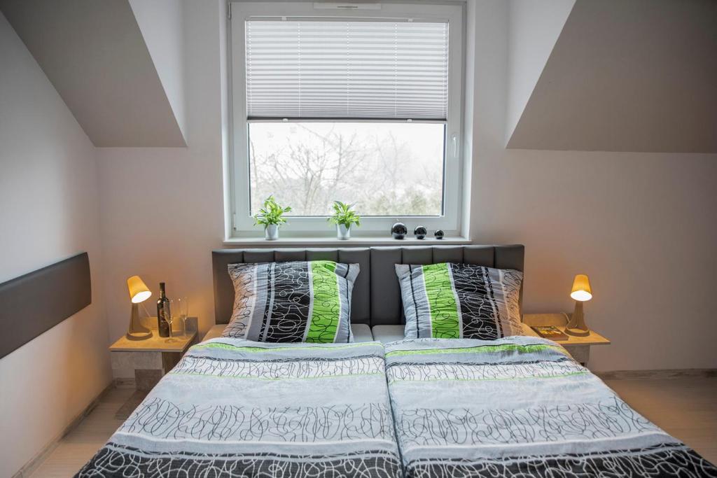 别尔斯克-比亚拉Viva Noclegi的一间卧室配有一张带窗户和两盏灯的床。