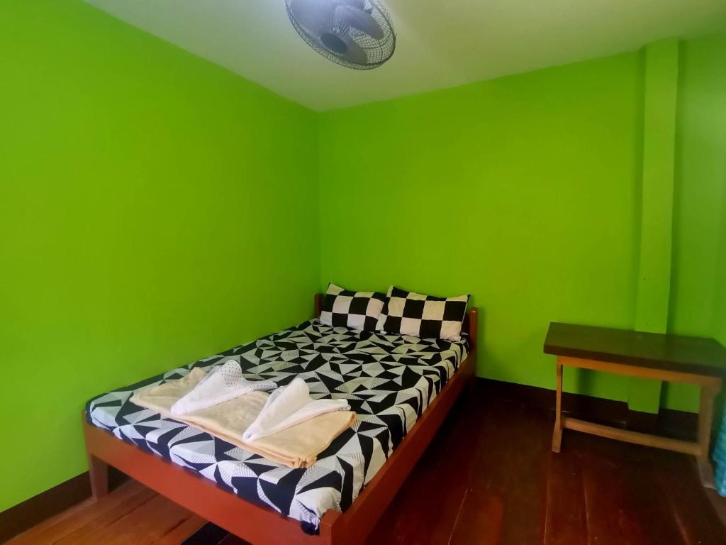 巴顿港TIU Homestay-Port Barton的绿色的客房配有床和桌子