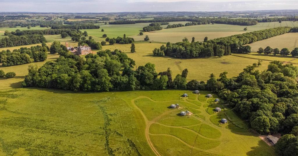 费克纳姆Wild Meadow, Lodge Farm, East Raynham的树木和房屋的田野的空中景观