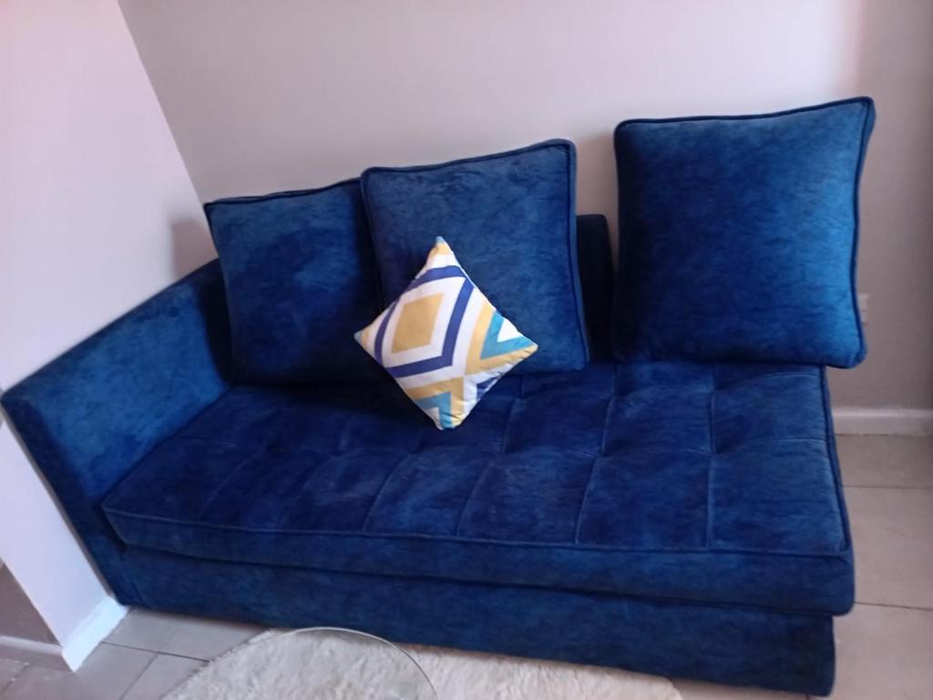 内罗毕Coral bells by tsavo的蓝色的沙发,上面有枕头