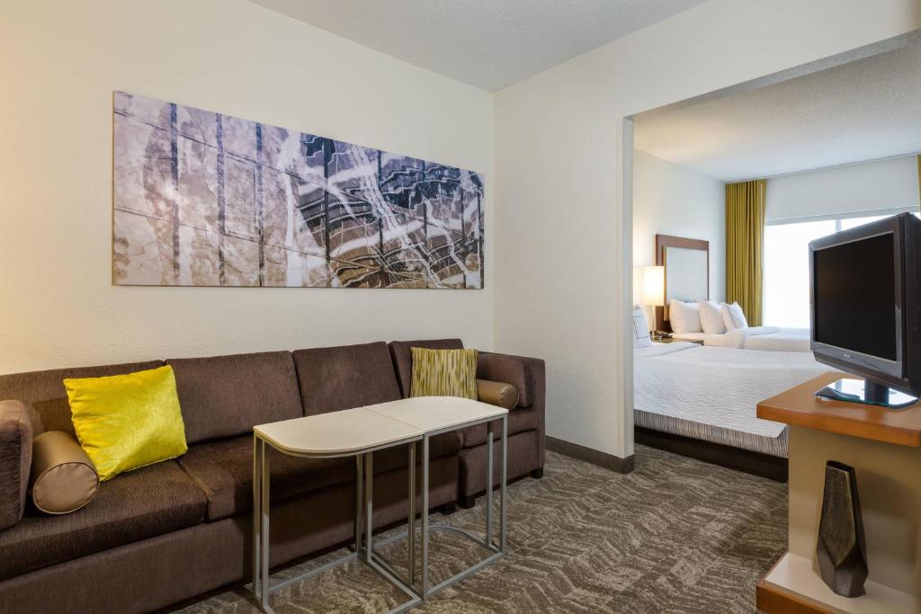 路易斯威尔路易斯维尔斯特波/北春季山丘套房酒店的带沙发、床和电视的客厅
