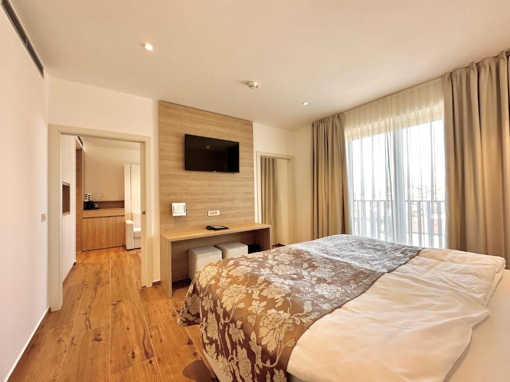 塞扎纳Boutique Hotel Grahor的酒店客房配有一张床、一张书桌和一台电视。